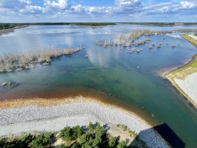 Výhled z rozhledny na jezero Geierswalder See. Foto: ©Šárka Kobrynová
