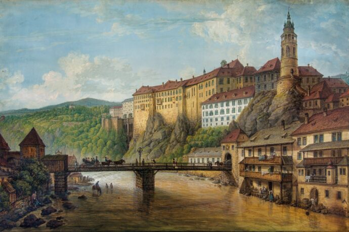 Ferdinand Runk - Český Krumlov – zámek od řeky, 1824. Foto: © Národní památkový ústav